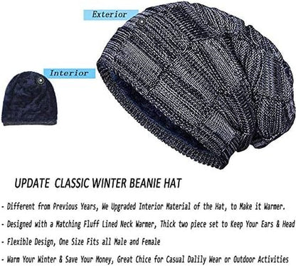 2Pieces Mens Winter Beanie Hat Fleece Lined Scarf Set Knit Warm Thick Skull Cap Neck Warmer for Men & Women
