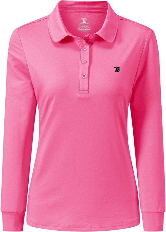 Long Sleeve Golf Polo Shirts for Women Dry-Fit Sports Tennis Polo Shirts Woman Golf Tops for Hiking Running Rose