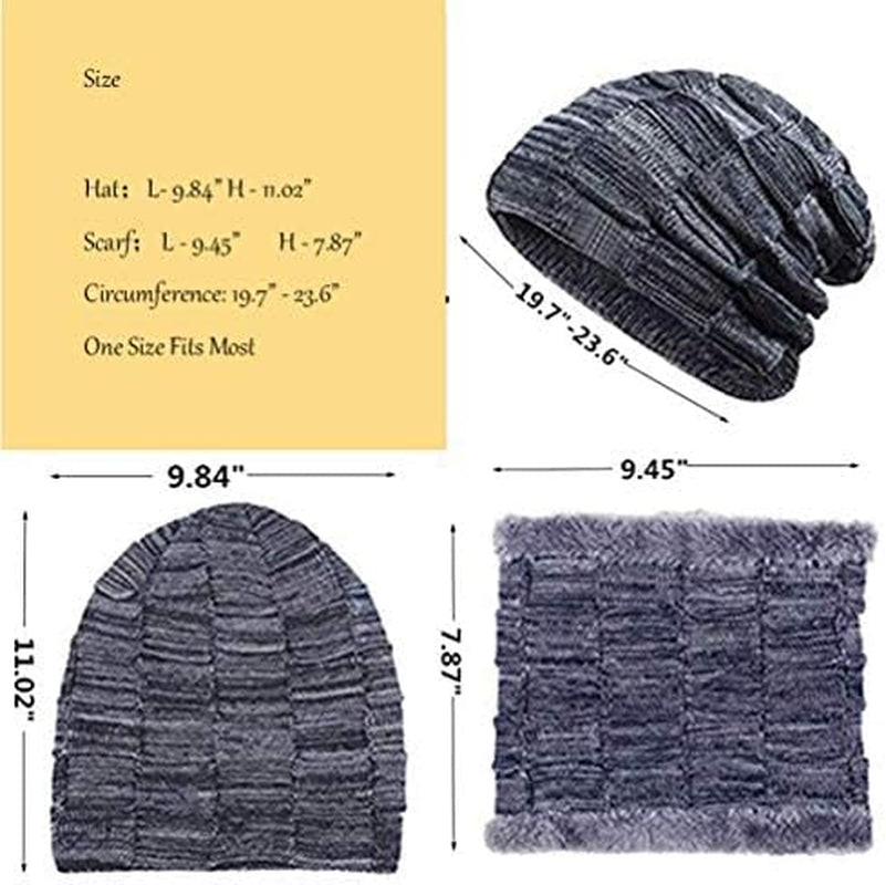 2Pieces Mens Winter Beanie Hat Fleece Lined Scarf Set Knit Warm Thick Skull Cap Neck Warmer for Men & Women